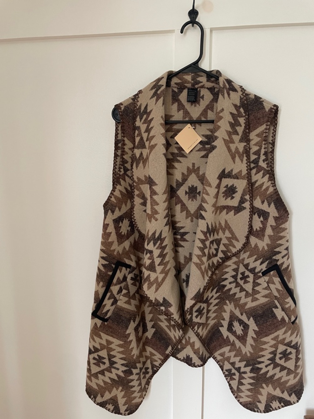 Tribal Print Open Front Sweater in Brown & Cream